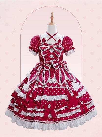 Plüschhasenmuster, wunderschönes quadratisches süßes Kleid, Lolita-Ohren, roter Ausschnitt, Polka-Version, Punkte