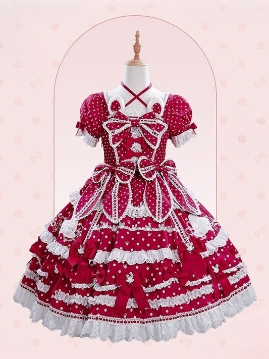Plüschhasenmuster, wunderschönes quadratisches süßes Kleid, Lolita-Ohren, roter Ausschnitt, Polka-Version, Punkte