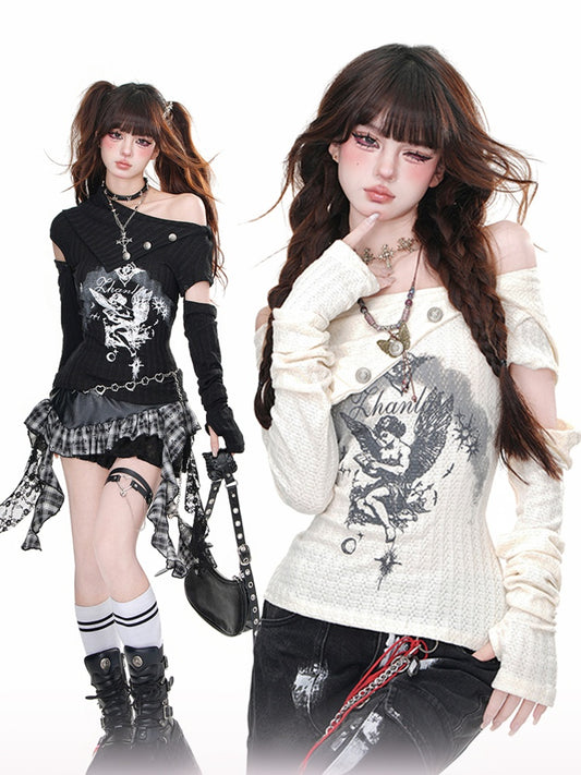 Aprikose/Schwarz Asymmetrischer Ausschnitt Engelsdruck Abnehmbare Knöpfe Glamouröses Stricktop