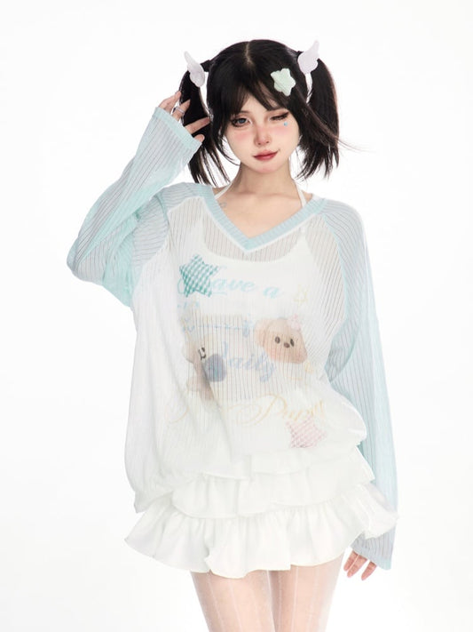 Print Blue Colorblock Bear Design V-Neck Cute Semi-Sheer Coverup