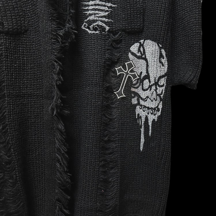 Gothic Punk Schwarzes Kreuz und Skelett Distressed Holes Cardigan Raw Edge