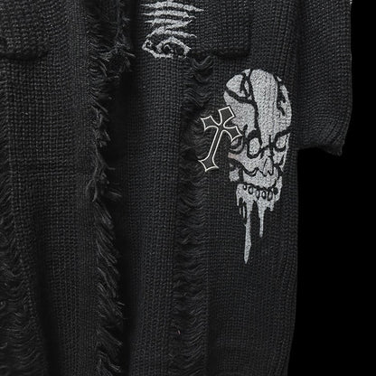 Gothic Punk Schwarzes Kreuz und Skelett Distressed Holes Cardigan Raw Edge
