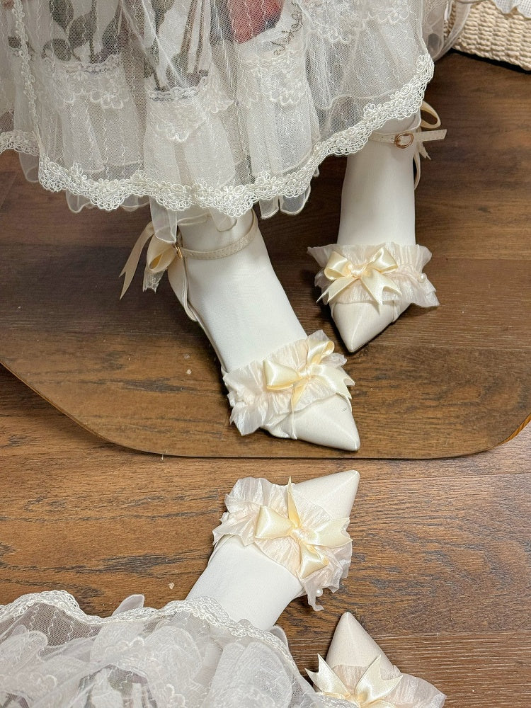 Beige Sweet Pointed Toe Heels with Bow Accents - A Sky Rabbit