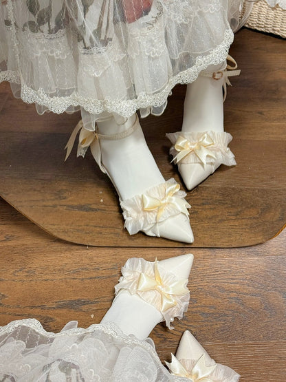 Beige Sweet Pointed Toe Heels with Bow Accents - A Sky Rabbit