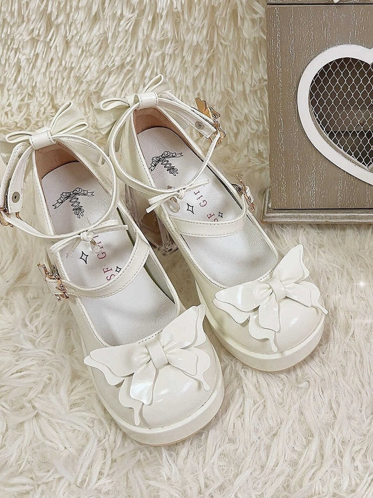 Design High Lolita Heels Snap with Platform White Hime Transparent Block Heel