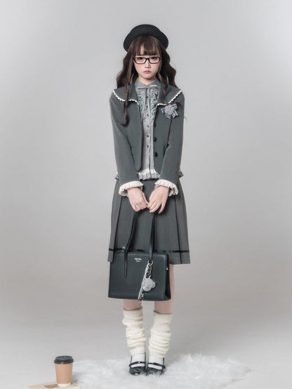 Kei Blouse With Ruffled Neck Striped Jirai Gray Tie