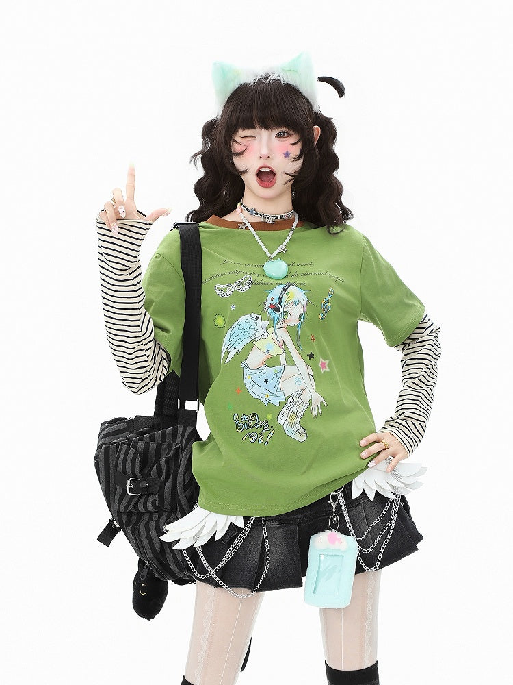 Green/White Sleeve Long Faux Two-Piece Top Y2K Cartoon Striped Print