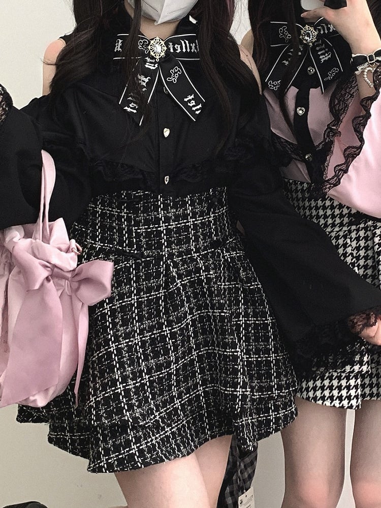 Kei Plaid Skirt with Double-Layer Black Bow Jirai Decoration Tweed High-Waisted