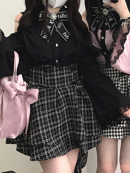 Kei Plaid Skirt with Double-Layer Black Bow Jirai Decoration Tweed High-Waisted