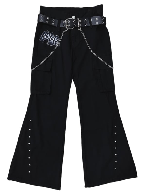 Punk Black Letter Patch Cargo Pockets Low Waist Fishtail Pants mit Gürtel