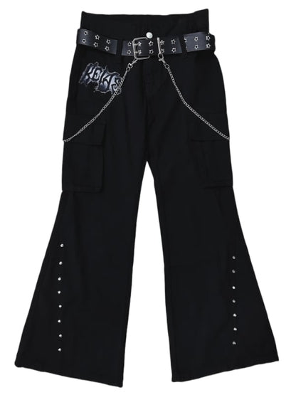 Punk Black Letter Patch Cargo Pockets Low Waist Fishtail Pants mit Gürtel