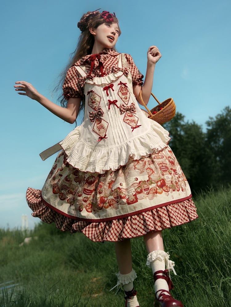 Blouse Red Hooded Pattern Short Lolita Sleeves Plaid