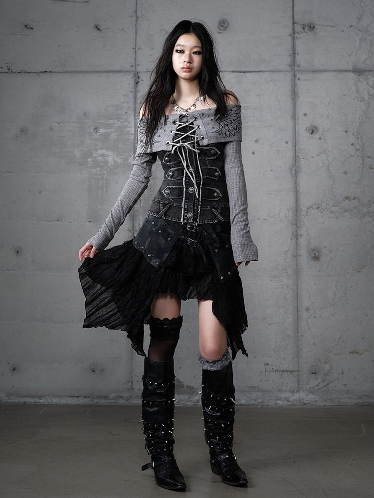 with Hem PU Asymmetrical Flair Skirt Black Studded Punk Edgy Lace Patchwork