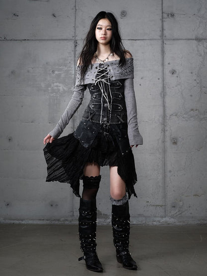 mit Saum PU Asymmetrischer Flair Rock Schwarz Nieten Punk Edgy Spitze Patchwork