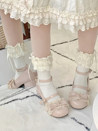 Round Trim Bow Lace Sweet Top Low Heels Pink at Toe with