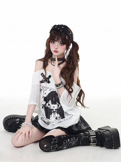 ネックライン ガールプリント Tシャツ カートゥーン グレー/ホワイト オフショルダー クロスデザイン