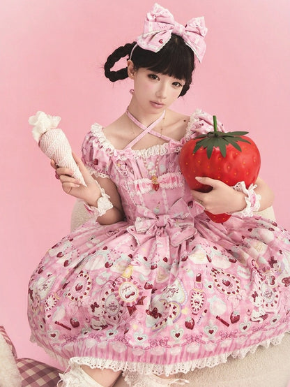 Cat Print Rose Sweet Lolita OP Dress with Removable Crisscross Halter Straps - Pastry Chef