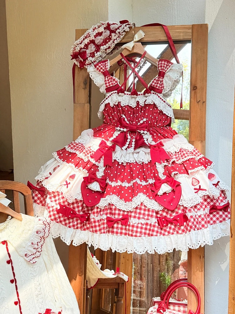Sweet JSK Layered Dress Lolita Bow Red Accents with Skirt