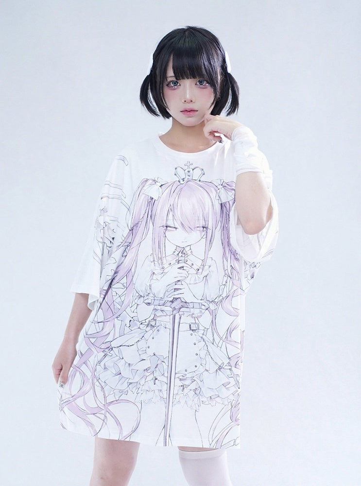 Oversized White Anime Girl Print T-Shirt - Tribuo Flos