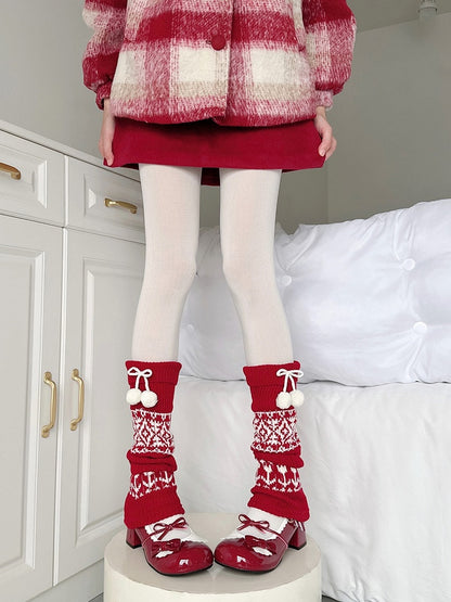 Red Knitted White Decorations Pom-pom Pattern Warmers Leg Diamond with