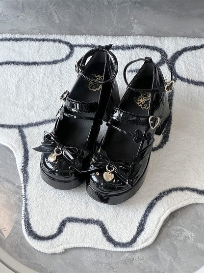 Bows Snap with Lolita Shoes Black Heart-Shaped Elegant High-heel