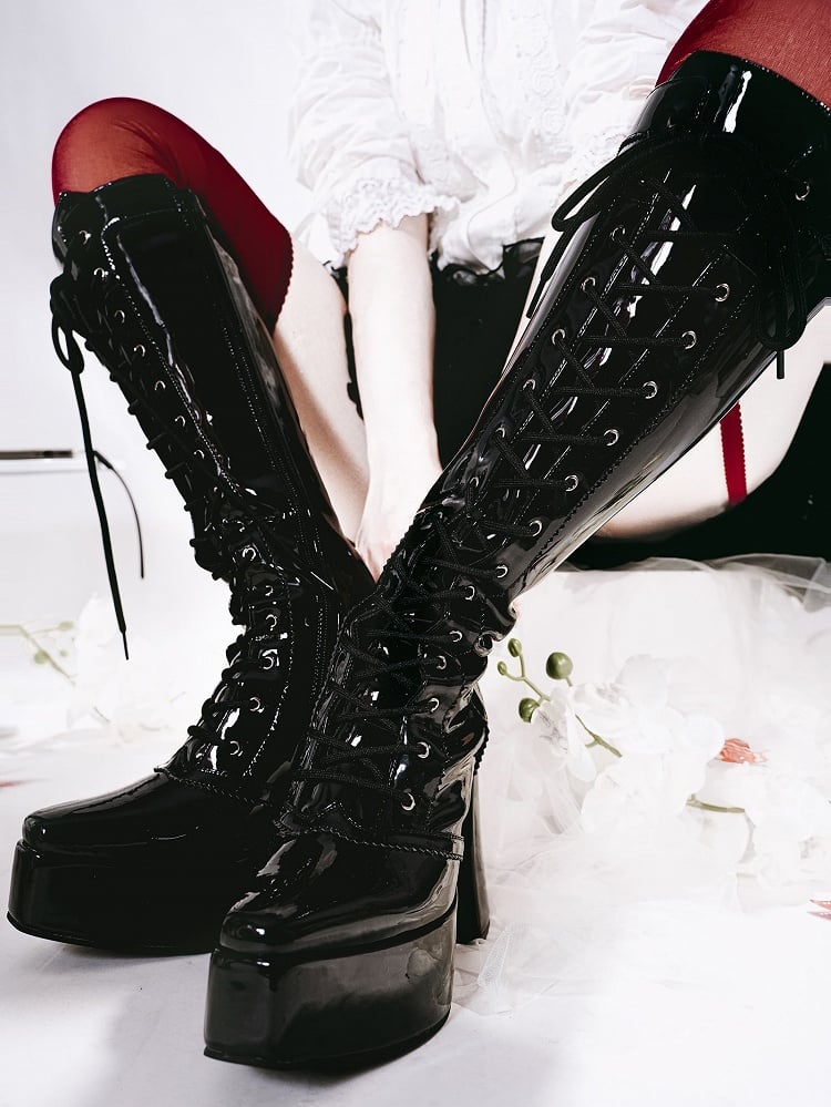 Stiefel Kniehoch Schnürung vorne Schwarz Blockabsatz Plateau Hochglanz Gothic