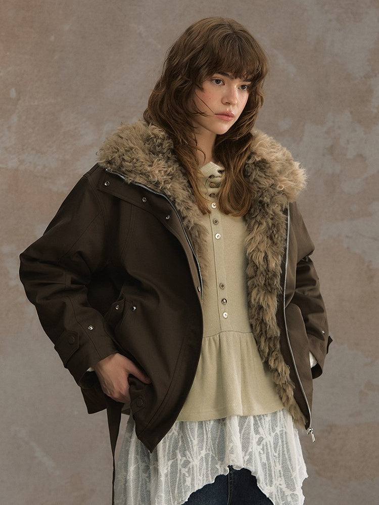 Short Brown/White Jacket Faux Fur Belt Buckle with Collar