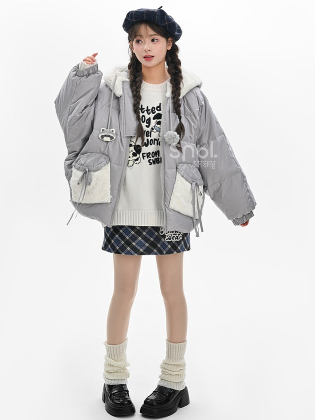 Cute Raccoon Plush Hood Grey Hooded Down Jacket