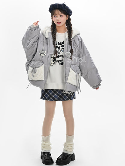 Cute Raccoon Plush Hood Grey Hooded Down Jacket