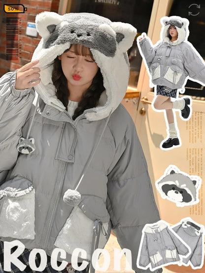 Cute Raccoon Plush Hood Grey Hooded Down Jacket