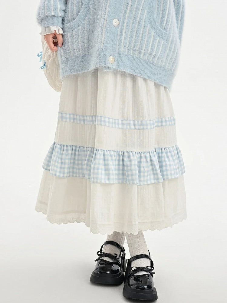 ホワイトハイウエストレーストリムスウィートスカートチェック柄パッチワーク