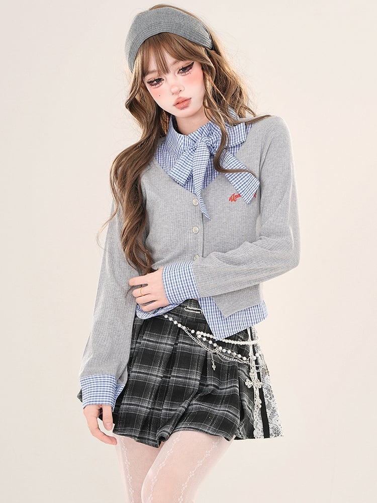 Grey/Navy Blue Plaid Patchwork Faux Two-piece Cardigan
