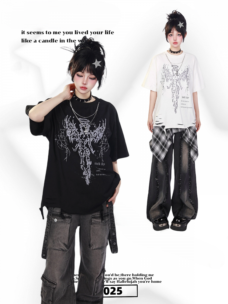 White/Black Distressed T-Shirt with Angelic Outline and Detachable Chain Cross