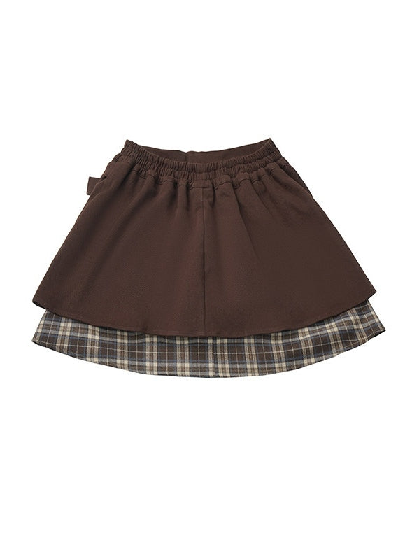 Design Plaid Pattern Patchwork with Details Skirt Brown