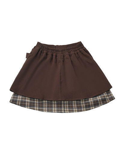 Design Plaid Pattern Patchwork with Details Skirt Brown