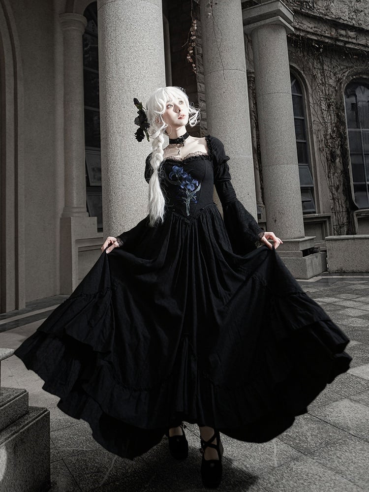 Lolita Black Skirt Dress Drawstring Iris with Gothic Elegant Embroidery