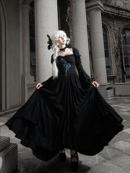 Lolita Black Skirt Dress Drawstring Iris with Gothic Elegant Embroidery