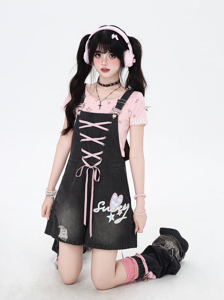 Black Bunny Ears Design Back Adorable Lace-up Denim Overall Shorts