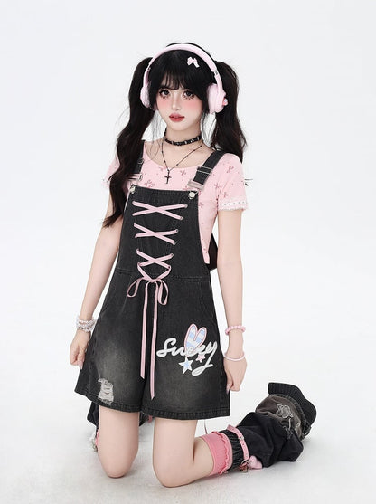Black Bunny Ears Design Back Adorable Lace-up Denim Overall Shorts