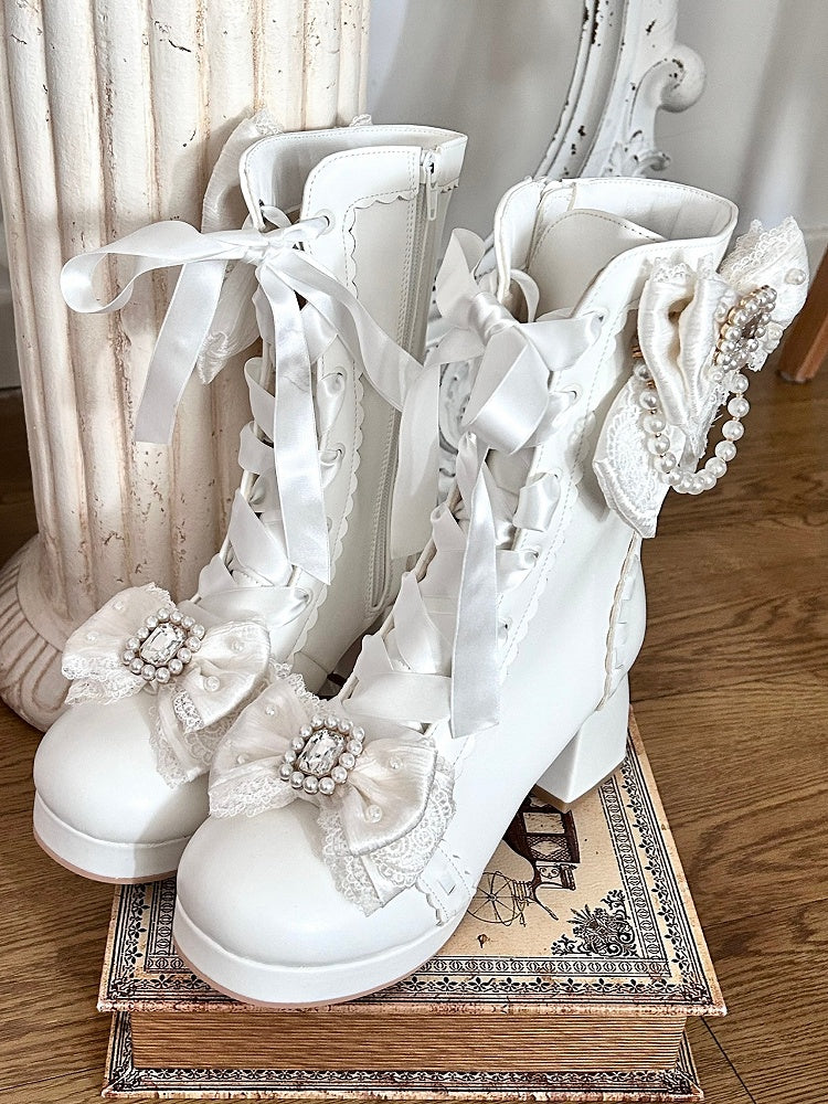White Sweet Lolita Boots with Elegant Lacing - Sheep Puff