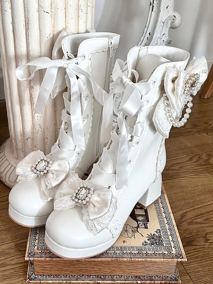 White Sweet Lolita Boots with Elegant Lacing - Sheep Puff