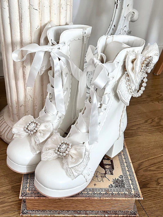 Bottes Sweet Lolita Blanches avec Lacets Élégants - Mouton Bouffant
