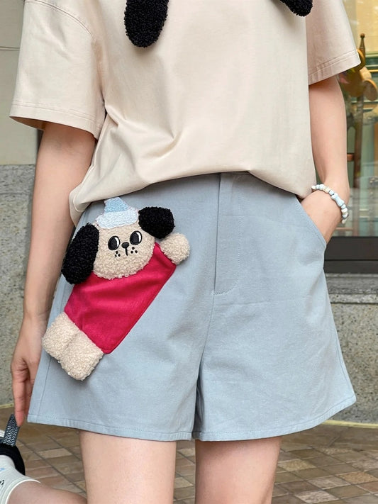 ウエストプラッシュパピーアップリケライトブルーハイストレートレッグショーツ