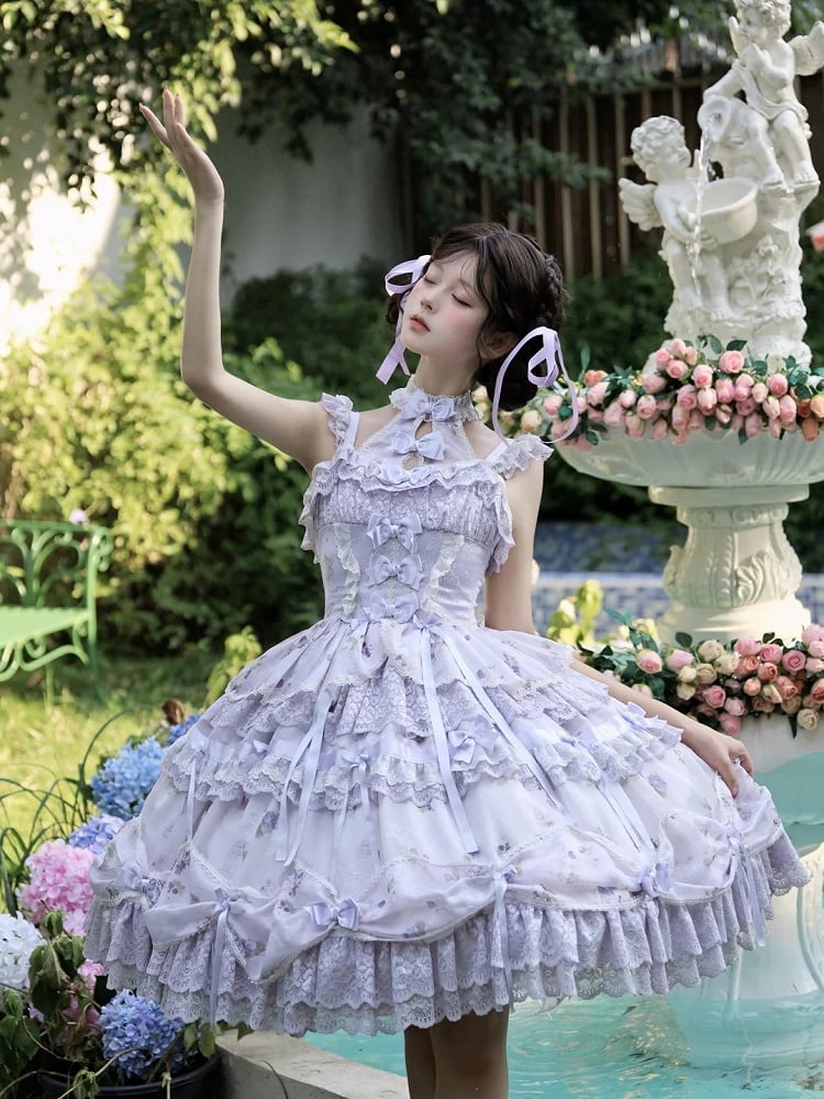 Hime Lolita Purple Dress Bows Halter with Lace Multiple Floral Neck Print Ruffles and