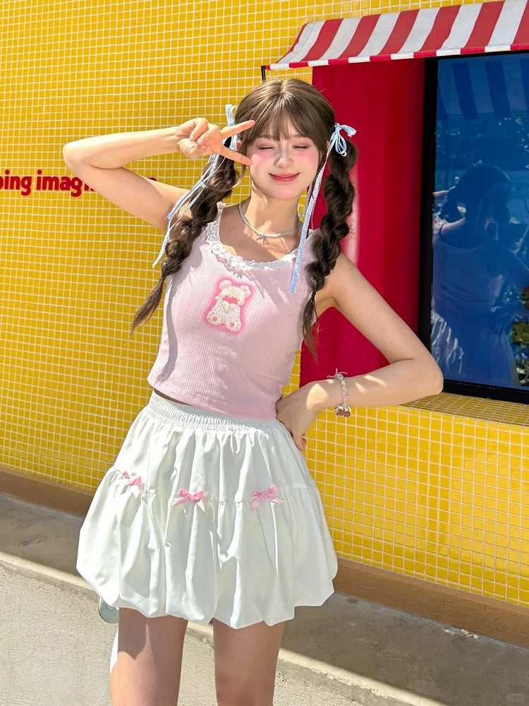 Bowknots White Elastic Waist Bubble Skirt Pink