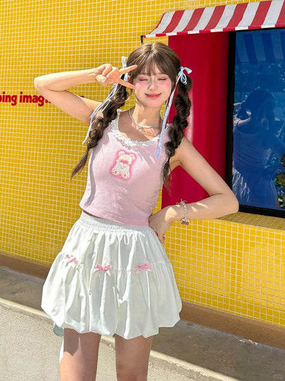 Bowknots White Elastic Waist Bubble Skirt Pink