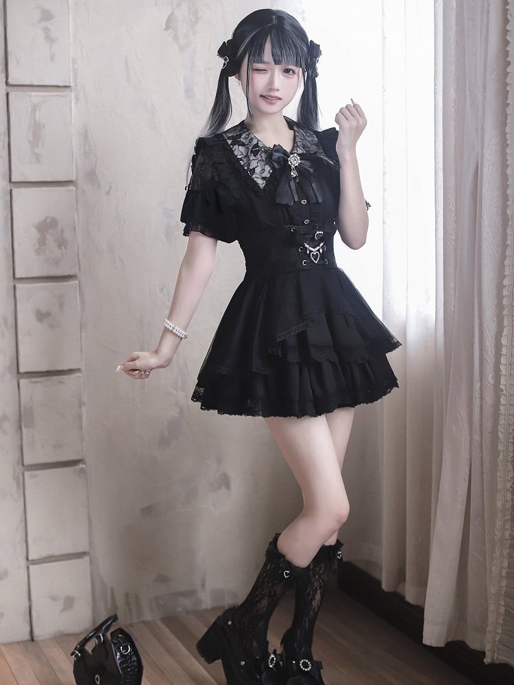 Jirai Kei Black Lace Cutout Shoulder Short Sleeve Blouse with Ruffle Details - Ekomi