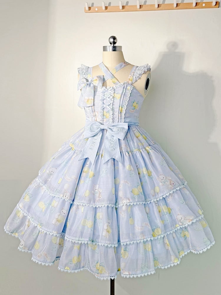 Skirt Bear High Print Blue Tiered Lolita Lemon Waist and Dress