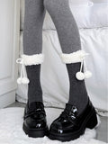Gray Ribbed Cuff Socks Dark Calf Pom-Pom Fuzzy