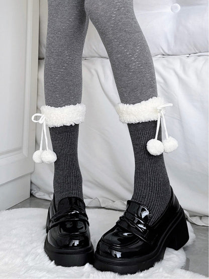 Gray Ribbed Cuff Socks Dark Calf Pom-Pom Fuzzy